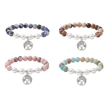Natural Mixed Gemstone & Shell Pearl Stretch Bracelet, with Alloy Tree of Life Charms, Inner Diameter: 2-3/4 inch(7cm)