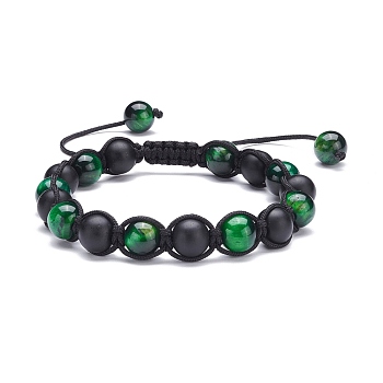 Round Stone Braided Bead Bracelets Set, Natural Tiger Eye & Synthetic Black Stone Beads Stackable Bracelets for Women, Green, Inner Diameter: 2-1/4~3-1/2 inch(5.6~8.8cm)