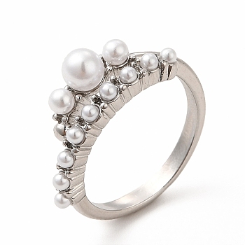 Plastic Imitation Pearl Cuff Ring, Rack Plating Brass Jewelry for Women, Lead Free & Cadmium Free, Platinum, Inner Diameter: 17mm