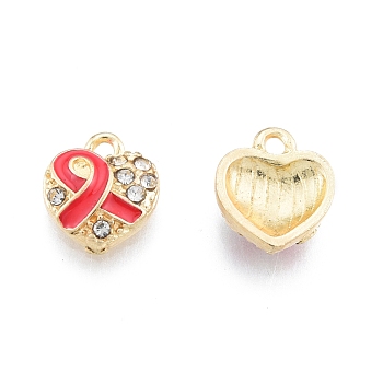 Alloy Rhinestone Pendants, with Enamel, Heart with Silk Ribbon, Light Gold, Crimson, 11x9.5x3mm, Hole: 1.5mm