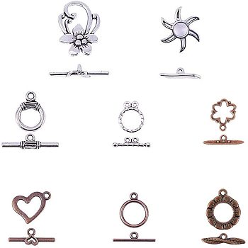 Tibetan Style Alloy Toggle Clasps, Mixed Color, Toggle: 15~28x6.5~22.5x1~2mm, hole: 1.5~3.5mm, Bar: 18~30x2.5~9mm, hole: 1.2mm, Box: 17x7x3cm, 80sets/box.