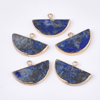 Electroplate Natural Lapis Lazuli Semi Circle Pendants, with Iron Findings, Half Round, Golden, 17~18x27x3~4mm, Hole: 1.8mm