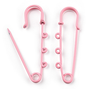 Spray Painted Iron Brooch Findings, Kilt Pins with Triple Loops, Pink, 59x18x6mm, Hole: 2mm