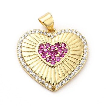 Brass Micro Pave Cubic Zirconia Pendants, Long-Lasting Plated, Real 18K Gold Plated, Heart, Fuchsia, 21x22.5x2.5mm, Hole: 3.5x4mm