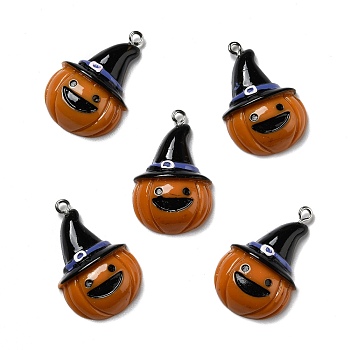 Halloween Opaque Resin Pendants, with Platinum Tone Iron Loops, Pumpkin with Witch Hat, Dark Orange, 32x21x7.5mm, Hole: 2mm
