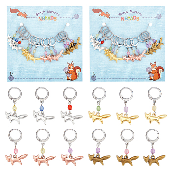 Fox Pendant Stitch Markers, Alloy & Acrylic Crochet Leverback Hoop Charms, Locking Stitch Marker with Wine Glass Charm Ring, Mixed Color, 3.3cm, 4 colors, 3pcs/color, 12pcs/set, 2 sets/box
