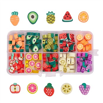 150Pcs 10 Style Handmade Polymer Clay Beads, Fruit, Mixed Color, 15Pcs/Style