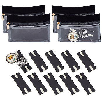 10Pcs PU Imitation Leather Necklace Display Cards, with 4Pcs Veleteen Zipper Clutch Bags, Rectangle, Black, Card: 6.45x2.4~2.5x0.3~0.35cm