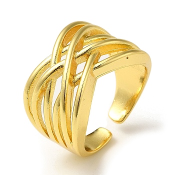 Criss Cross Rack Plating Brass Open Cuff Rings for Women, Real 18K Gold Plated, US Size 8 1/4(18.3mm)