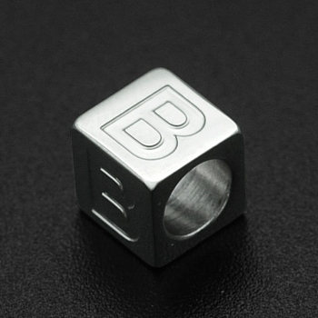 201 Stainless Steel European Beads, Large Hole Beads, Horizontal Hole, Cube, Stainless Steel Color, Letter.B, 7x7x7mm, Hole: 5mm