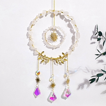 Wire Wrapped Natural Quartz Crystal Chips Ring Pendant Decoration, Hanging Suncatchers, with Metal Sun Link and Glass Leaf Charm, for Home Decoration, 440mm