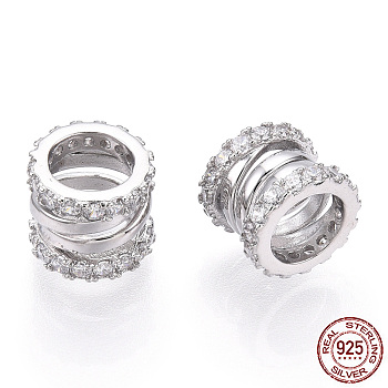 Rhodium Plated 925 Sterling Silver Micro Pave Cubic Zirconia Beads, Hollow Column, Nickel Free, Real Platinum Plated, 8x7mm, Hole: 5mm