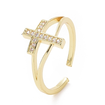 Brass Micro Pave Cubic Zirconia Rings, Open Cuff Ring, Religion Cross Ring for Women, Golden, 1.5mm, Inner Diameter: 18mm