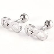 201 Stainless Steel Barbell Cartilage Earrings, Screw Back Earrings, with 304 Stainless Steel Pins, Infinity with Heart, Stainless Steel Color, 5x11x2mm, Pin: 1mm(EJEW-R147-21)