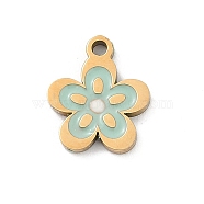 304 Stainless Steel Enamel Flower Charms, Ion Plating(IP), Pale Turquoise, Real 18K Gold Plated, 11x9x1.5mm, Hole: 1.2mm(STAS-I325-103G)