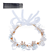 Wedding Party Beach Bridal Decorative Hair Accessories, Alloy Flower Headbands, with Plastic Beads, Sky Blue, 380~383x33x14mm(OHAR-WH0021-03C)