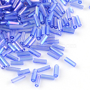 AB Color Plated Glass Bugle Beads, Transparent Colours Rainbow, Royal Blue, 6x2mm, Hole: 1mm, about 450g/bag, about 10000pcs/bag(SEED-R012-166)