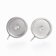 201 Stainless Steel Stud Earring Settings, with Loops and 304 Stainless Steel Pins, Flat Round, Stainless Steel Color, Tray: 10mm, 15x12x2mm, Hole: 2mm(STAS-G179-41P-10mm)