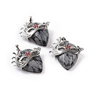 Natural Snowflake Obsidian Pendants, Teardrop with Mask Charms, with Rack Plating Platinum Plated Brass Ruby Rhinestone Findings, 37~37.5x34.5~36x10~11mm, Hole: 6x4mm(G-P496-02P-02)