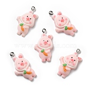 Opaque Resin Pendants, with Platinum Tone Iron Loops, Pig with Carrot, Pink, 31x16.5x6mm, Hole: 2mm(RESI-D055-069P)