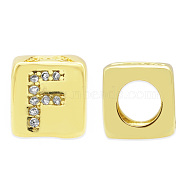 Brass Micro Pave Clear Cubic Zirconia European Beads, Cube with Letter, Letter.F, 8.5x8.5x8.5mm, Hole: 5mm, 3pcs/bag(KK-T030-LA842-FX3)