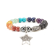 Natural & Synthetic Mixed Gemstone Round Beaded Stretch Bracelet with Alloy Star with Tree, Yoga Jewelry for Women, Inner Diameter: 2-1/8 inch(5.5cm)(BJEW-JB07868)