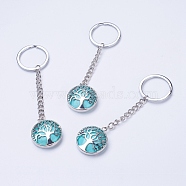 Synthetic Turquoise Keychain, with Iron Key Rings, Iron Chain and Brass Finding, Flat Round with Tree of Life, Dyed, 100~120mm, Pendant: 31x27x7mm(KEYC-E023-02J)