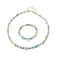Natural Shell Flower with Evil Eye & Glass Seed Beaded Necklace Stretch Bracelet, Jewelry Set for Women, Colorful, Inner Diameter: 2-1/8 inch(5.5cm), 17.44 inch(44.3cm)(SJEW-JS01248)