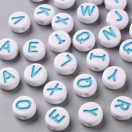 Opaque White Acrylic Beads, with Enamel, Horizontal Hole, Flat Round with Random Initial Letter, Sky Blue, 9.5x4.5mm, Hole: 2mm, 553pcs/175g(SACR-T338-12D)