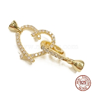 925 Sterling Silver Micro Pave Clear Cubic Zirconia Fold Over Clasps, Heart, Real 18K Gold Plated, 34.5mm, Hole: 2mm and 3.5mm(STER-P054-03G)