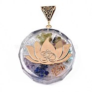 Transparent Epoxy Resin Alchemy Pendants, with Natural Gemstone Chip, Gold Foil, Flat Round with Flower, Colorful, 39.5x35.5x10.5~11.5mm, Hole: 5x9mm(RESI-T049-16)