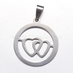 201 Stainless Steel Pendants, Ring with Heart to Heart, Stainless Steel Color, 31x28x1mm, Hole: 4x7mm(STAS-N0018-02P)