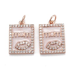 Brass Micro Pave Clear Cubic Zirconia Pendants, with Enamel and Jump Rings, Rectangle with Lip and Word Mom, Real Rose Gold Plated, 17.5x12.5x2mm, Hole: 3.5mm(ZIRC-A020-21RG)