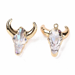 Glass Pendants, with Light Gold Plated Brass Findings, Cattle Head Charms, Clear AB, 28.5x26x13mm, Hole: 1.7mm(GLAA-G094-01KCG)