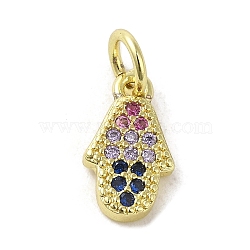 Brass Micro Pave Cubic Zirconia Charms, Real 18K Gold Plated, Hamsa Hand Charms, Colorful, 11.5x6.5x1.5mm, Hole: 3mm(KK-M283-13B-02)