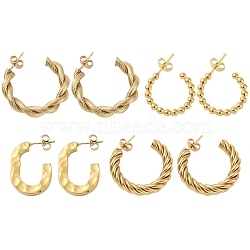 4 Pairs 4 Style 304 Stainless Steel Twist Rope & Oval & Ball Beaded C-shape Stud Earrings, Half Hoop Earrings for Women, Golden, 23~31.5x17~31.5x3~5mm, Pin: 0.5~0.8mm, 1 Pair/style(EJEW-TZ0001-01)