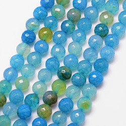 Natural Crackle Agate Bead Strands, Round, Grade A, Faceted, Dyed & Heated, Deep Sky Blue, 8mm, Hole: 1mm, about 47pcs/strand, 15 inch(G-K166-07F-8mm-11A)