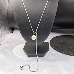 White Round Plastic Pearl Tassel 304 Stainless Steel Round Snake Chain Lariat Necklaces for Women, Stainless Steel Color, 27.56 inch(70cm)(WG7536F-01)