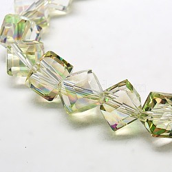 Full Rainbow Plated Crystal Glass Cube Beads, Faceted, Pale Green, 12.6x13.8x10~11mm, Hole: 1.8mm(X-EGLA-F023-B01)