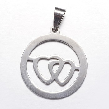 201 Stainless Steel Pendants, Ring with Heart to Heart, Stainless Steel Color, 31x28x1mm, Hole: 4x7mm