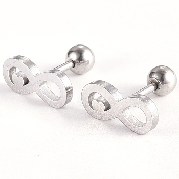 201 Stainless Steel Barbell Cartilage Earrings, Screw Back Earrings, with 304 Stainless Steel Pins, Infinity with Heart, Stainless Steel Color, 5x11x2mm, Pin: 1mm