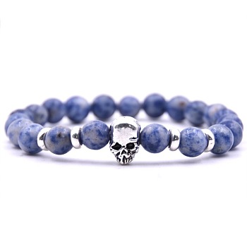 Natural Blue Spot Jasper Stretch Bracelets, Skull