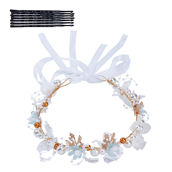 Wedding Party Beach Bridal Decorative Hair Accessories, Alloy Flower Headbands, with Plastic Beads, Sky Blue, 380~383x33x14mm