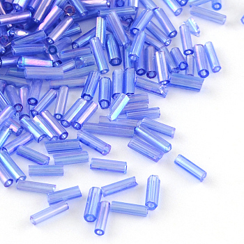AB Color Plated Glass Bugle Beads, Transparent Colours Rainbow, Royal Blue, 6x2mm, Hole: 1mm, about 450g/bag, about 10000pcs/bag