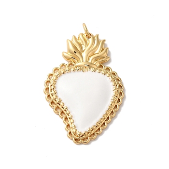 Rack Plating Brass Enamel Pendants, with Jump Ring, Cadmium Free & Lead Free, Long-Lasting Plated, Real 18K Gold Plated, Sacred Heart Charm, White, 34x23x3.5mm, Hole: 3.5mm