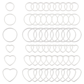 60Pcs 6 Styles 304 Stainless Steel Linking Ring, Round Ring & Heart Connector, Stainless Steel Color, 10.5~20x0.8~1mm, 10pcs/style