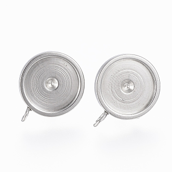 201 Stainless Steel Stud Earring Settings, with Loops and 304 Stainless Steel Pins, Flat Round, Stainless Steel Color, Tray: 10mm, 15x12x2mm, Hole: 2mm
