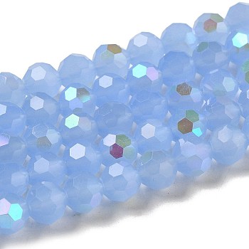 Imitation Jade Glass Beads Strands, Faceted, Round, Cornflower Blue, 8x7~7.5mm, Hole: 1.2mm, about 65~67pcs/strand, 19.49~19.69''(49.5~50cm)