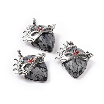 Natural Snowflake Obsidian Pendants, Teardrop with Mask Charms, with Rack Plating Platinum Plated Brass Ruby Rhinestone Findings, 37~37.5x34.5~36x10~11mm, Hole: 6x4mm