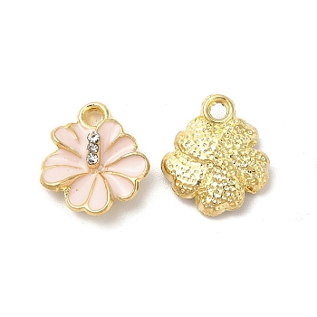 Alloy Enamel Charms, with Crystal Rhinestone, Cadmium Free & Nickel Free & Lead Free, Hibiscus Flower Charm, Light Gold, Pink, 14x12x4mm, Hole: 1.6mm